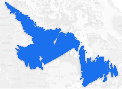Map highlighting the province of Newfoundland and Labrador in bright blue against a light background.